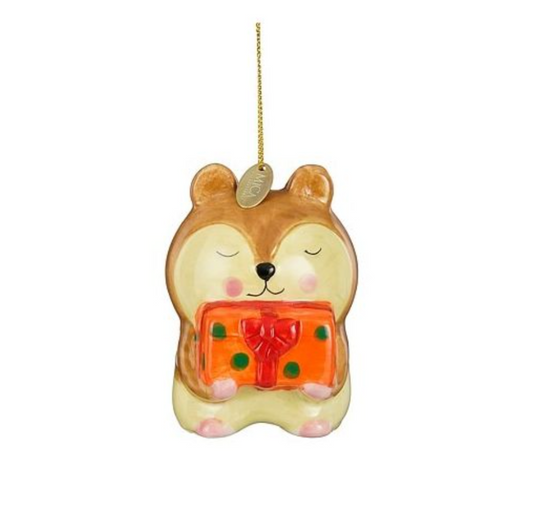Kerstbal: hamster met cadeau